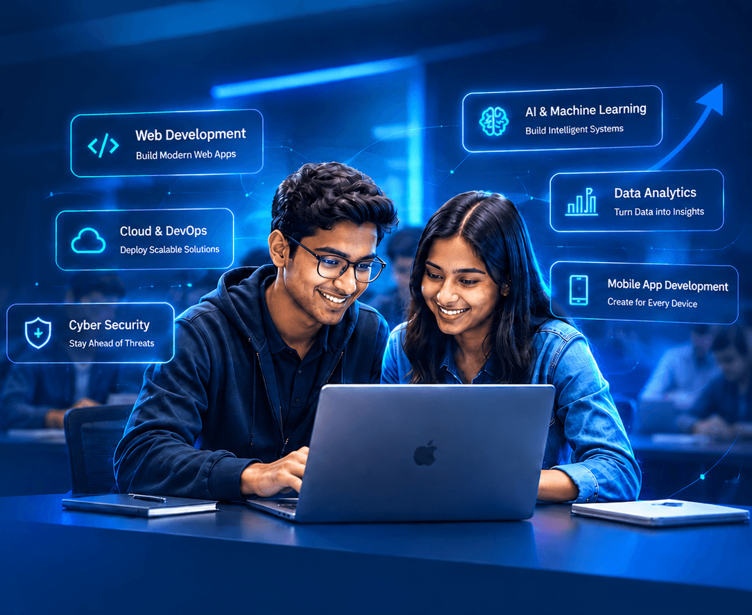 Young professionals collaborating on a laptop, surrounded by future-skills cards for Web Development, AI and Machine Learning, Cloud and DevOps, Cyber Security, Data Analytics and Mobile App Development.