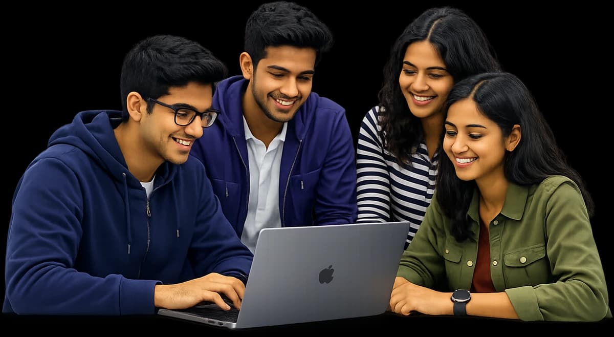 Four DNS FutureTech interns collaborating around a laptop